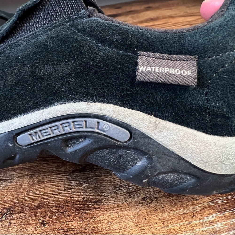 Merrell Suede Leather Clog Slip On Shoes Black Camo Tag Walking Trail Size 4 - Picture 9 of 11